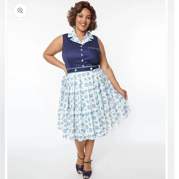 Unique Vintage White & Blue Floral Eyelet Collins Wrap Swing Skirt - 2X/18 - Picture 1 of 4